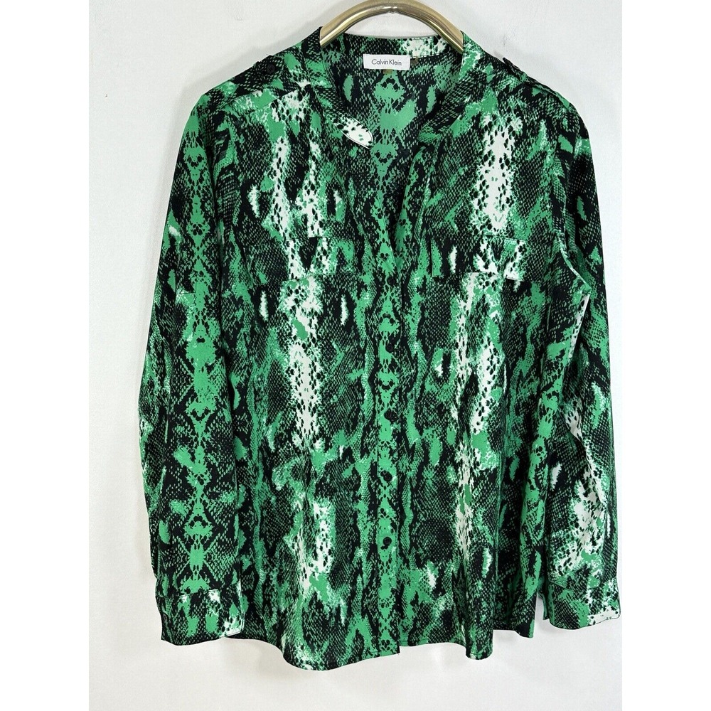 Calvin Klein Large Button Up Blouse Green  Snake Print Long Sleeve V-Neck Top